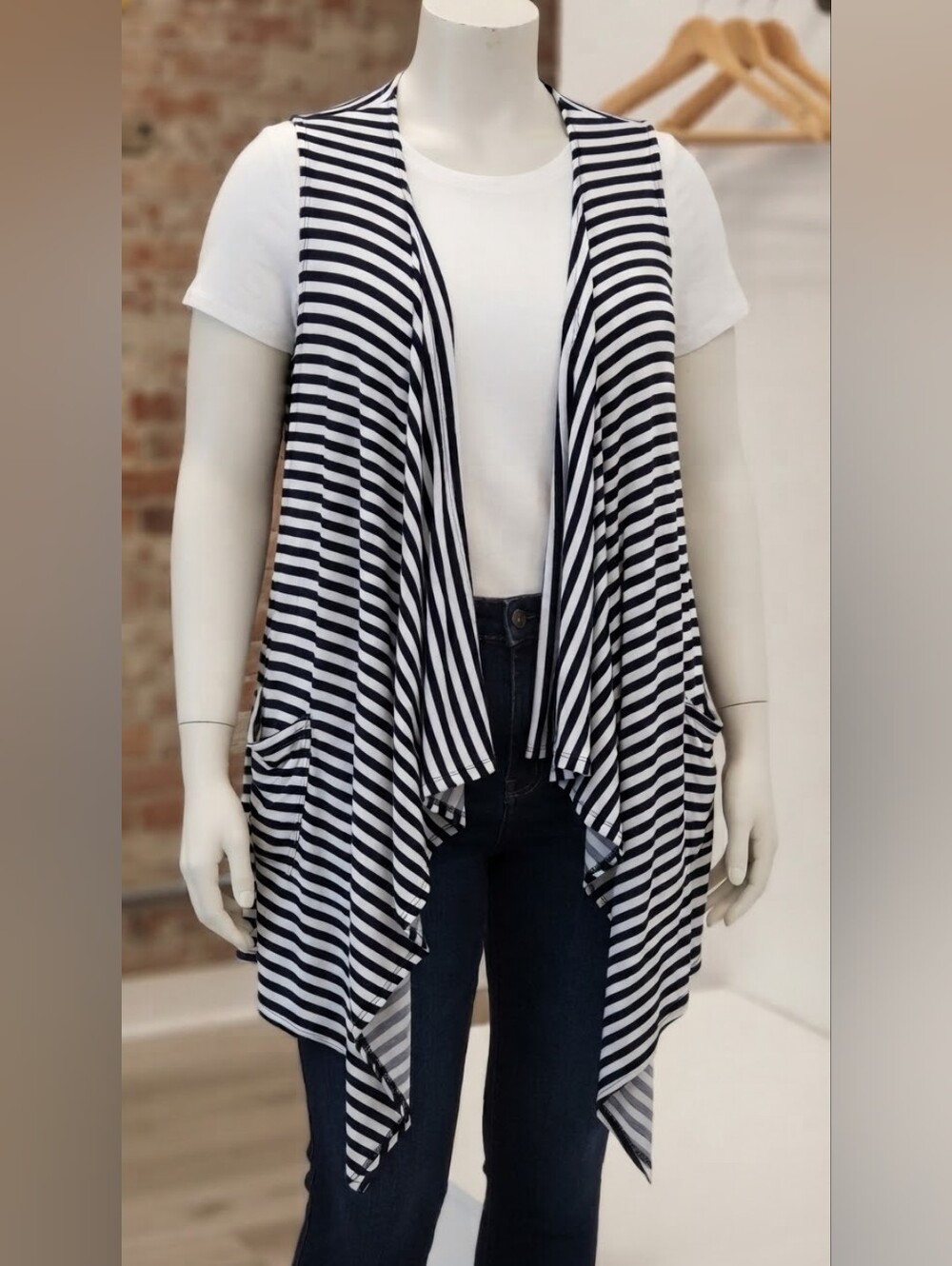 Magna Navy Blue And White Striped Cardigan Watefall Vest